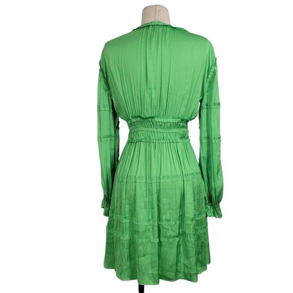 Maje Satin Pleated Mini Dress Sz 34 XS Ruffled Smocked V Neck Long Sleeves Fairy - Picture 3 of 13
